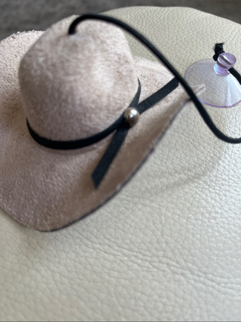 Beige Mini faux Suede Cowboy Hat with Black Accent & suction cup! Hang in car.